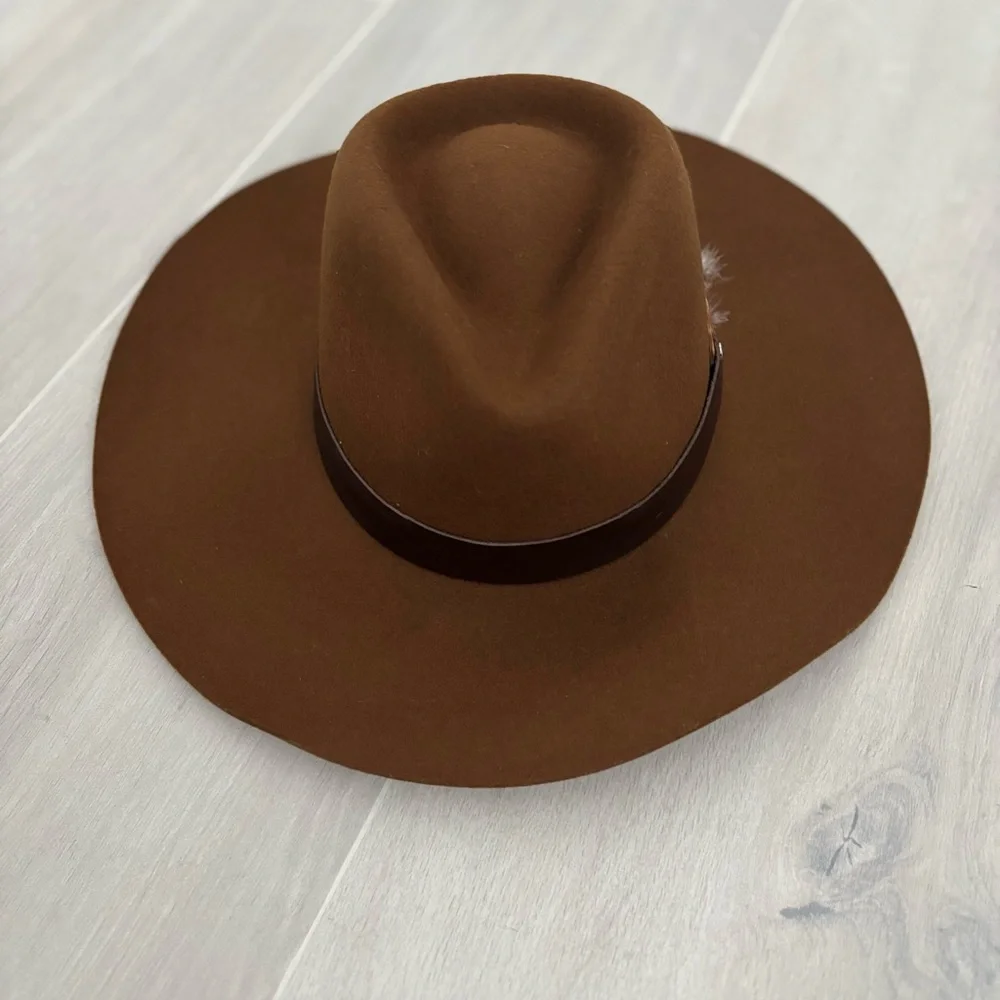 Rag & Bone Floppy Brim 100% Wool Feathered Fedora Pecan Brown Size M